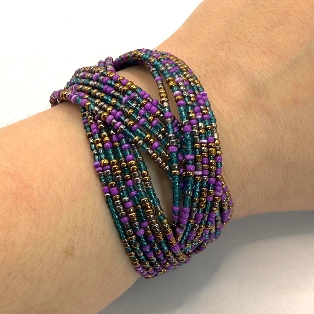 Vintage Multi-Strand Seed Bead Cuff Bracelet – Purple, Teal & Gold Tones Jewelry